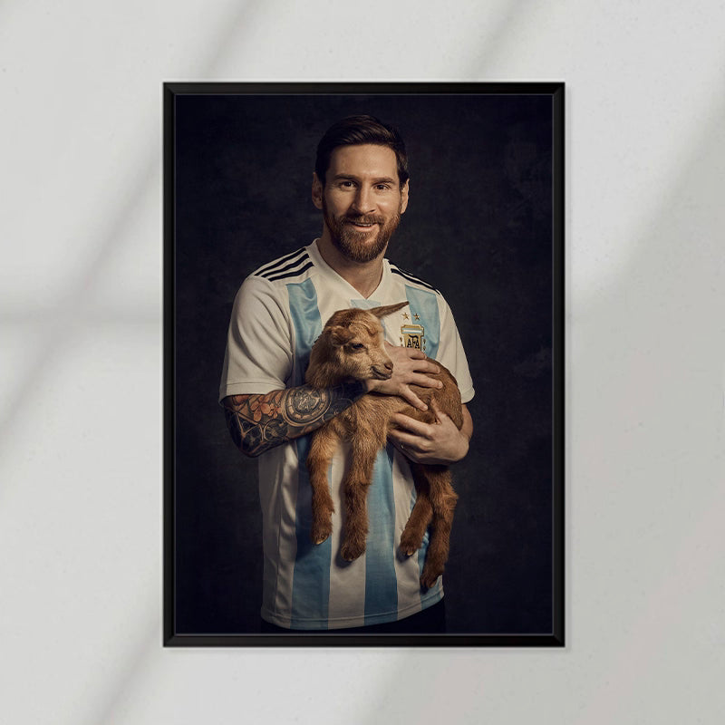 Messi Holding a GOAT Poster