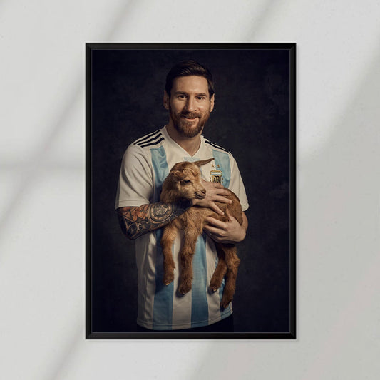 Messi Holding a GOAT Poster